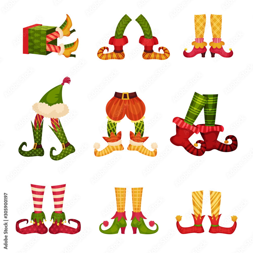 Fototapeta premium Christmas Elf Feet. Dwarf Legs Wearing Funny Striped Socks and Boots