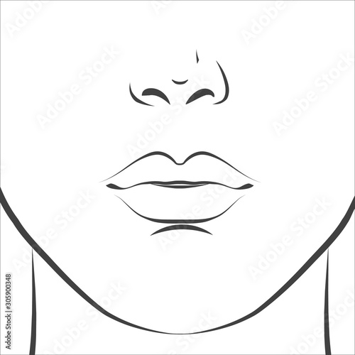 Woman face. Black and white line sketch front portrait