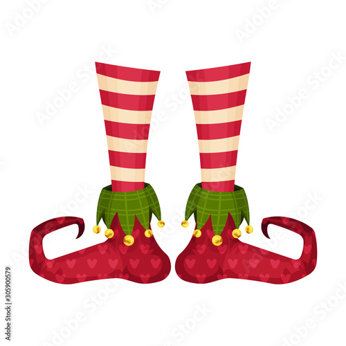 Elf Legs in Striped Socks and Funny Shoes With Jingle Bell Vector Item