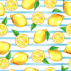Papier peint photo Fruits aquarelle patrons Citrons rayures bleues aquarelle estivale  © Mystery