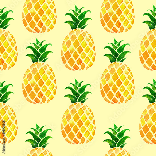 Hand drawn seamless pattern with watercolor pineapples. Colorfull summer seamless background for textile, print and banners. Healthy food concept