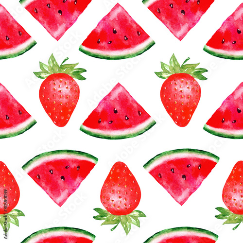 Fototapeta Naklejka Na Ścianę i Meble -  Watercolor seamless pattern with watermelons and strawberries isolated on a white background in bright summer colors. Hand painted illustration. Background for fabric textile, banners, print
