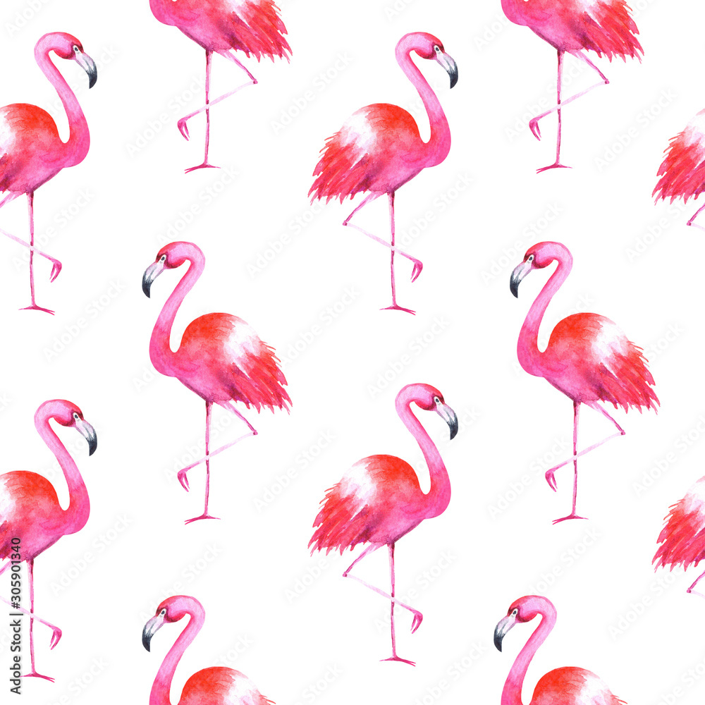 Fototapeta premium Hand drawn watercolor flamingos seamless pattern on blue background. Summer bright illustration. Perfect for fabric textile, banners, print