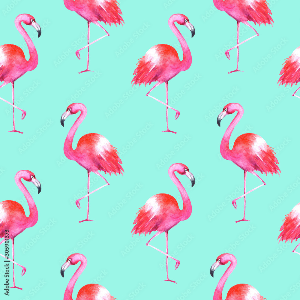 Fototapeta premium Hand drawn watercolor flamingos seamless pattern on blue background. Summer bright illustration. Perfect for fabric textile, banners, print