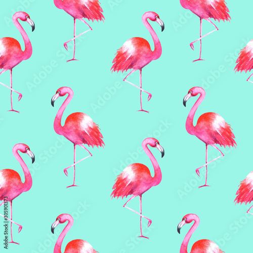 Hand drawn watercolor flamingos seamless pattern on blue background. Summer bright illustration. Perfect for fabric textile, banners, print