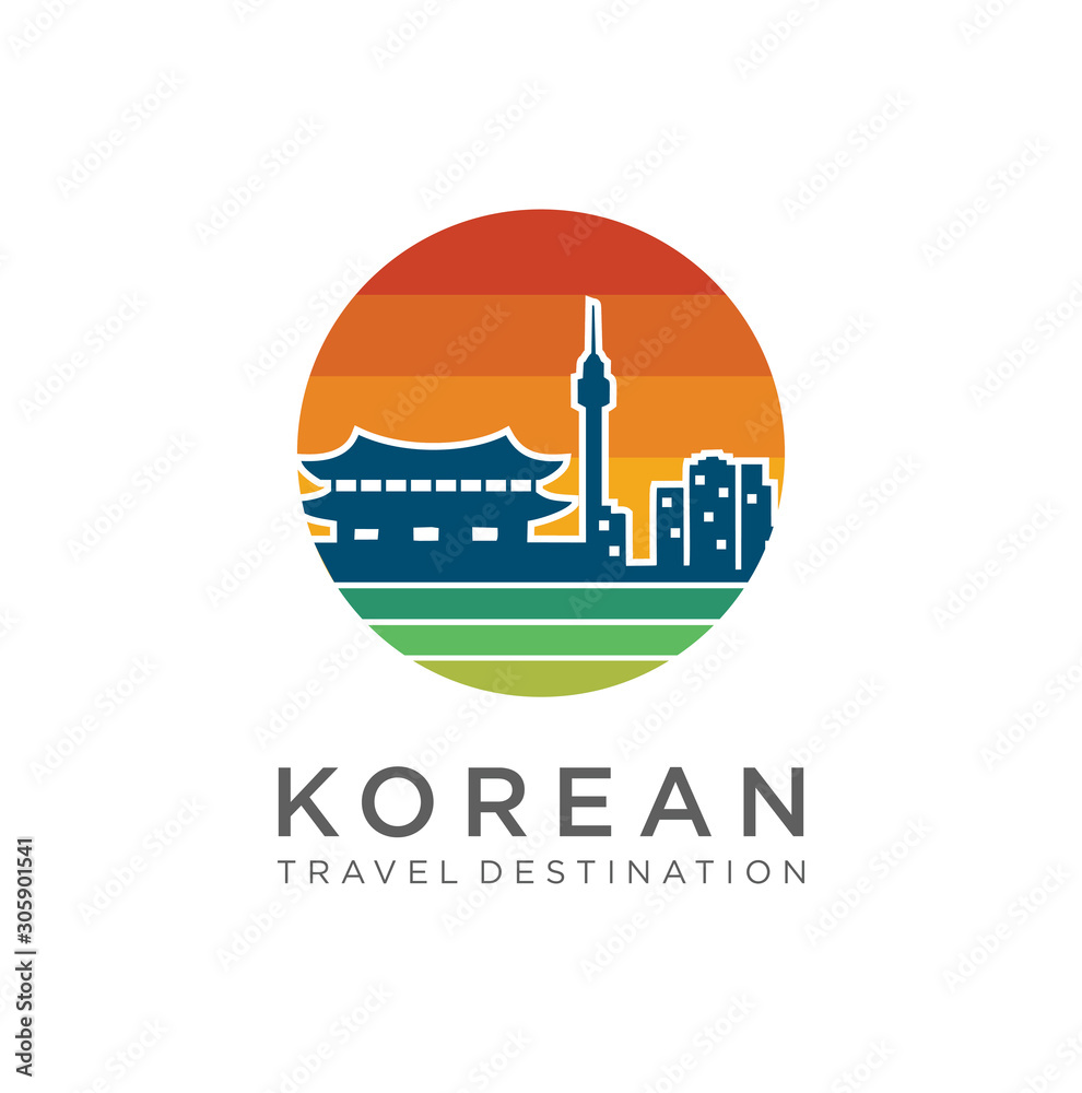Korean Logo Design . Korea Logo Vector . Korea Travel Landmarks . Korea Tourism Logo Vector Stock