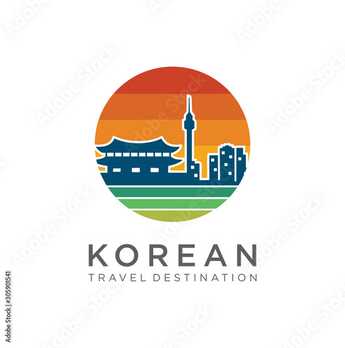 Korean Logo Design . Korea Logo Vector . Korea Travel Landmarks . Korea Tourism Logo Vector Stock