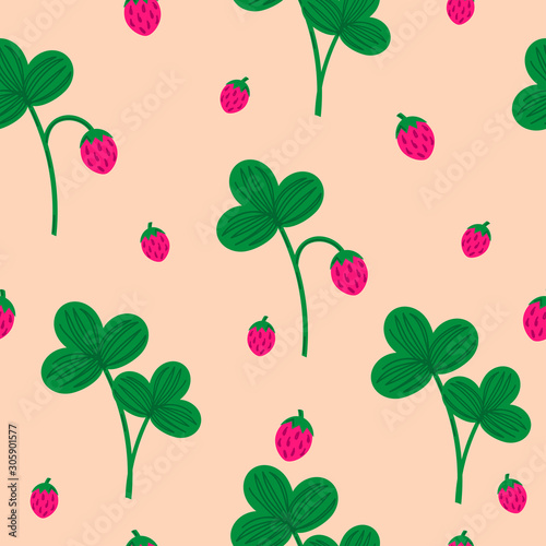 Seamless pattern with bushes and berries of wild strawberry. freehand drawing, doodle style. Ripe Wild Strawberries Vector Seamless Pattern. Red Juicy Berries Background. Green Twigs with Leaves. 