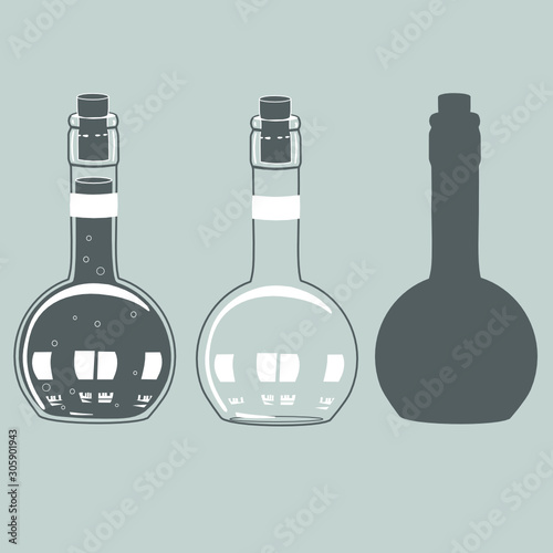 Set of two identical clear glass bottles and dark glass in the form of a flask, as well as their stencil, for wine, cognac, vinegar or oil, clip-art on a gray isolated background in vintage style