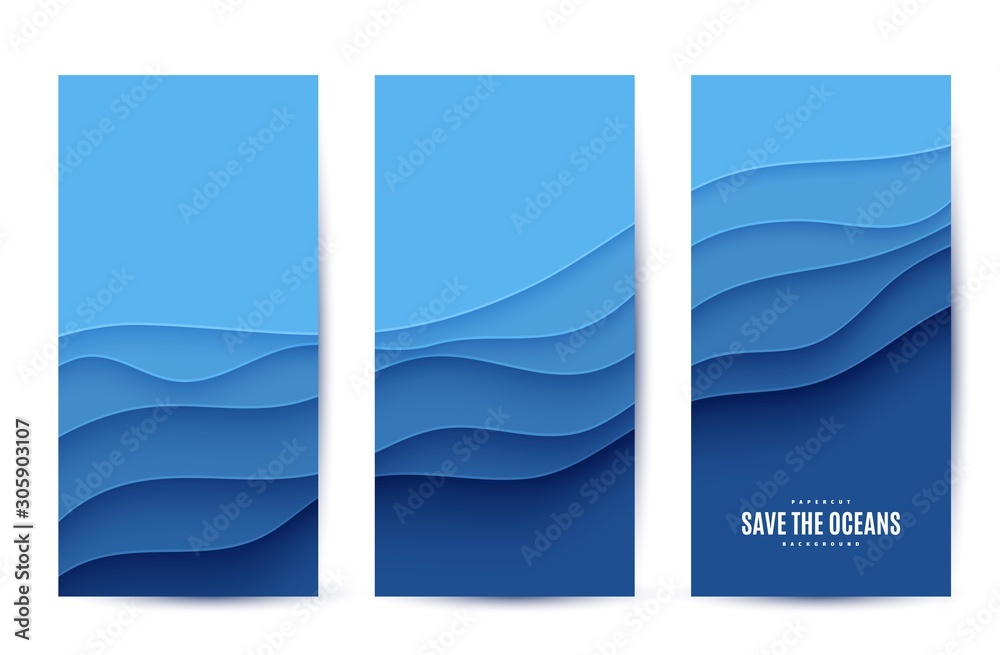 Three abstract vertical flyer collection in cut paper style. Set of cutout blue sea wave template for for save the Earth posters World Water Day eco brochures. Vector water applique card illustration.