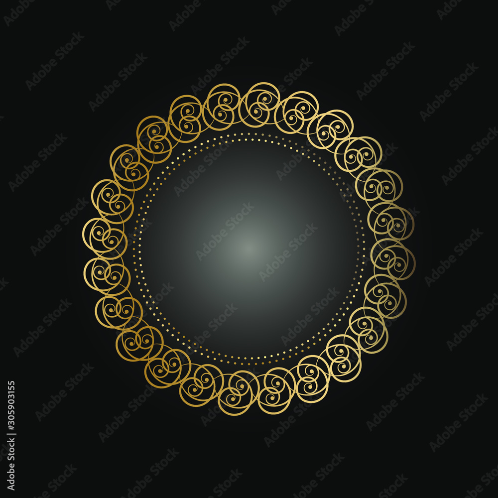 Decorative golden round frame on black background. Luxury mandala in ethnic style. Oriental circular vintage illustration. Arabic, Islamic, moroccan, asian, indian native african motif. Decorative golden round frame on black background. Luxury mandala in ethnic style. Oriental circular vintage illustration. Arabic, Islamic, moroccan, asian, indian native african motif.