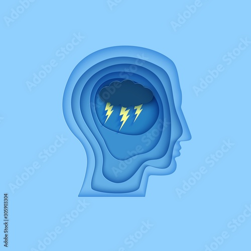 Man brain silhouette head with cloud and lightning in paper cut style. . Wotld Mental health Day 10 October element concept. Psychology and psychiatry bad mood, OCD depressive state of mind, anger