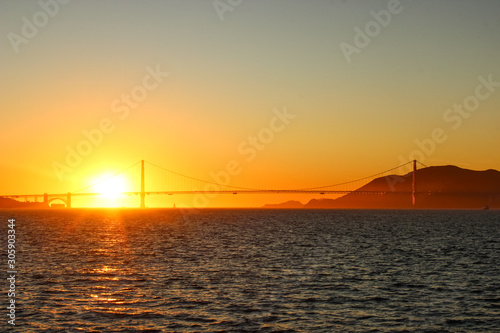 Sunset over the Golden Gate bridge, San Francisco Bay, California, USA.