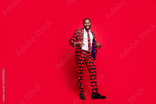 Obraz na plátně Full body photo of funky dark skin man playing amour cupid role making romance s