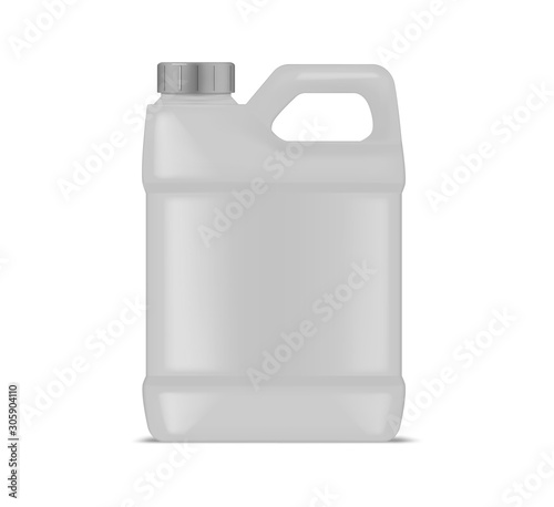 Blank plastic canister with handle isolated on white background, realistic illustration. Jerrycan for liquid product packaging, vector mockup