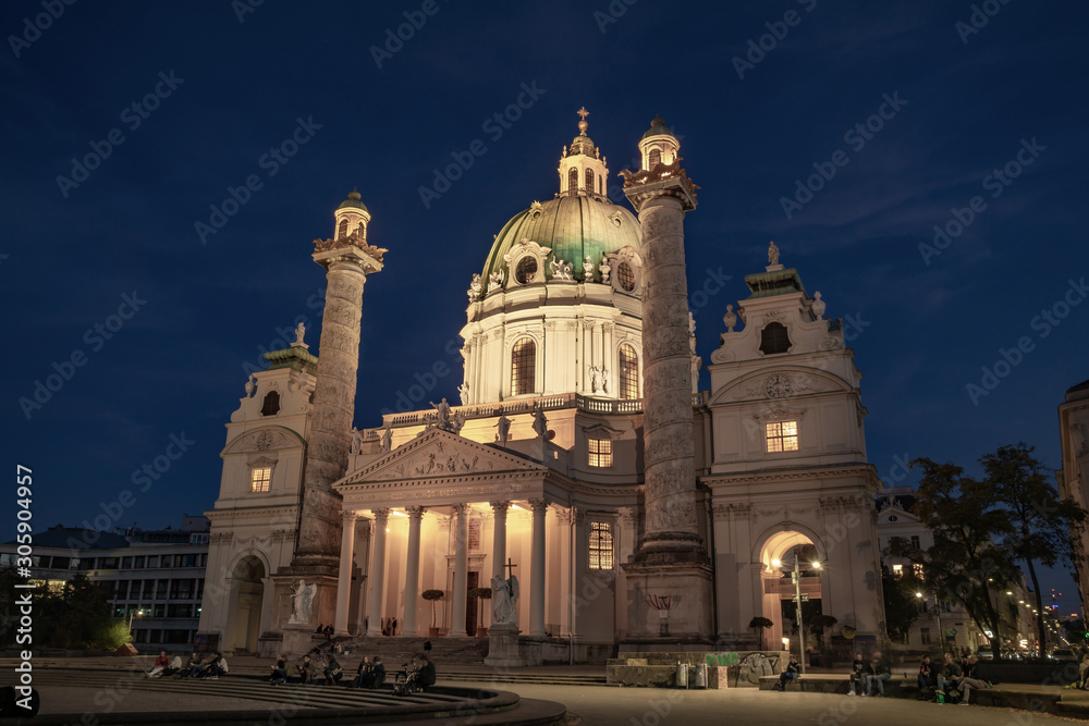 Karlskirche or St. Charles's Church - one of famous churches in Vienna at night.