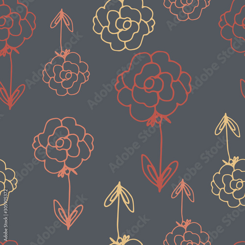 Floral seamless pattern in line art style.  Abstract botanical print of flowers, leaves, twigs. Textile design texture. Spring blossom background. Vector illustration.