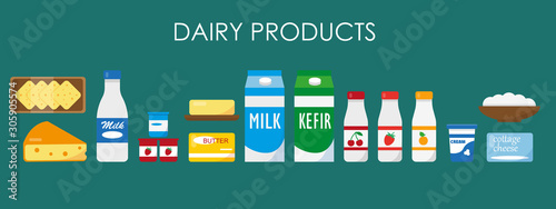 Set of dairy products. Milk, yogurt, cheese, cream and cottage cheese on blue background. Vector illustration. photo