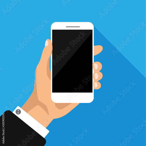 Hand holds phone with black screen. Smartphone blank display template or mock up. Smart technology. Vector illustration.