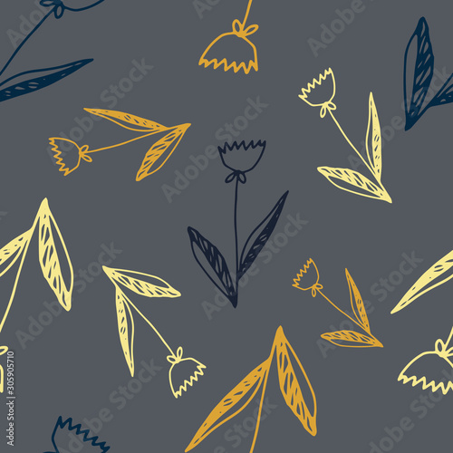 Floral seamless pattern in line art style.  Abstract botanical print of flowers, leaves, twigs. Textile design texture. Spring blossom background. Vector illustration.
