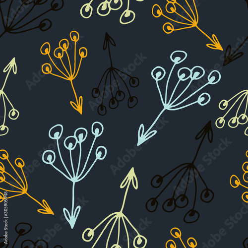 Floral seamless pattern in line art style.  Abstract botanical print of flowers, leaves, twigs. Textile design texture. Spring blossom background. Vector illustration.