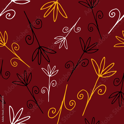 Floral seamless pattern in line art style.  Abstract botanical print of flowers, leaves, twigs. Textile design texture. Spring blossom background. Vector illustration.