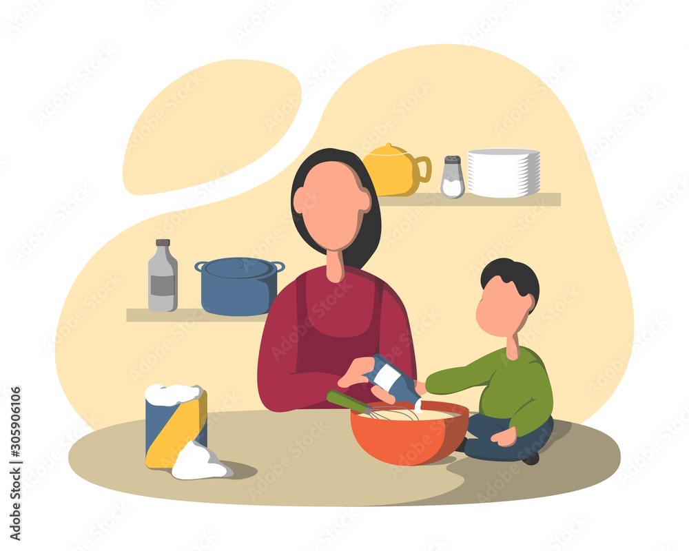 Cooking together in the kitchen. Mother with with a small child preparing meal, son helping mom, mother to prep batter. Family tradition, sharing chores. Flat vector illustration. Cooking together in the kitchen. Mother with with a small child preparing meal, son helping mom, mother to prep batter. Family tradition, sharing chores. Flat vector illustration.