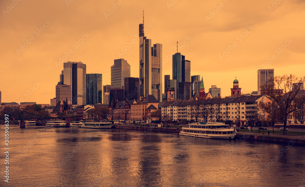 Obraz premium Vintage, retro style - Skyline of Frankfurt, modern finance district - Frankfurt, Germany. 
