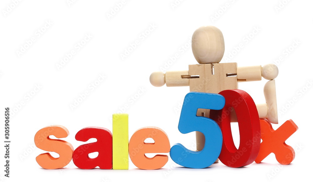 Business discount concept, sale advertisement with colorful number blocks and signs isolated on white background Business discount concept, sale advertisement with colorful number blocks and signs isolated on white background