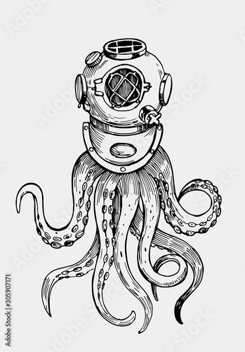 Octopus tentacles in retro diving suit. Illustration for print. Outline with transparent background. Hand drawn illustration converted to vector