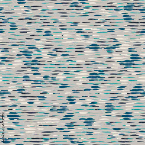 Futuristic techno glitch striped grunge seamless repeat vector pattern swatch. Blue, teal, and cream. Chaotic illusion of motion. Great for sports wear.