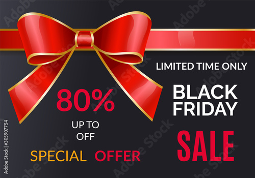 Black friday discounts and sale for autumn event. 80 percent off price, buy now. Promotional poster with decorative ribbon bow. Reduction of cost for shoppers in all shops and stores, vector on black photo