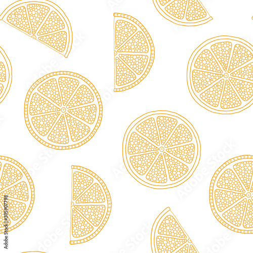 Oranges slices seamless pattern. Hand drawn fresh tropical citrus fruit.