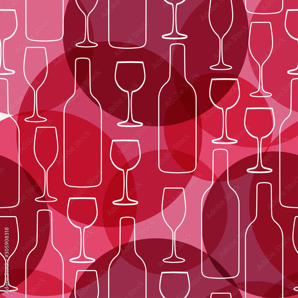 Seamless background with wine bottles and glasses. Bright colors pattern for web, poster, textile, print and other design
