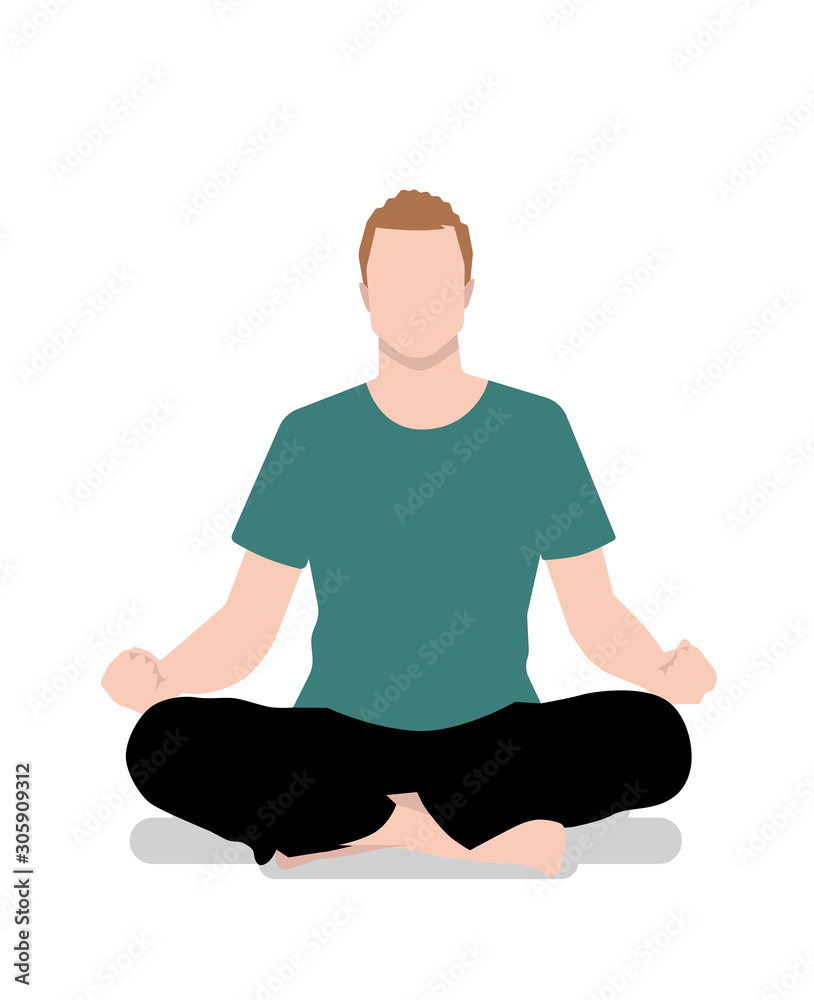 Isolated man practicing yoga and meditating. Lotus position. Flat style vector illustration.
