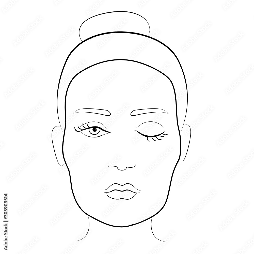 Illustration on a white background outline of the human female face for makeup. Face chart