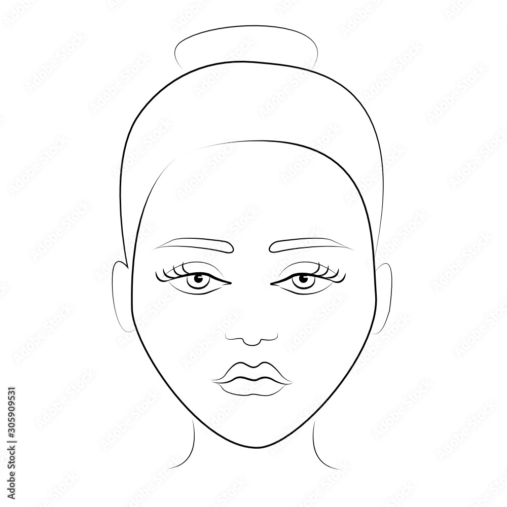 Illustration on a white background outline of the human female face for makeup. Face chart template for make up.How to put on perfect make up. Contouring for face shapes. Line vector illustration.