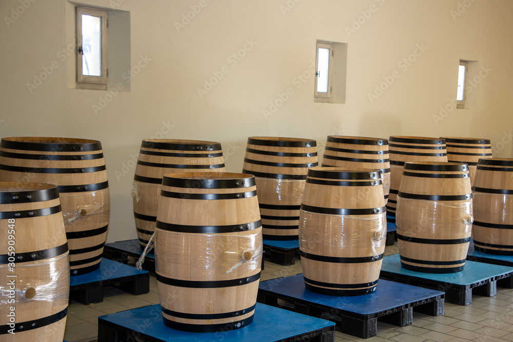 new oak empty barrels in harvest Bordeaux wine cellar new oak empty barrels in harvest Bordeaux wine cellar