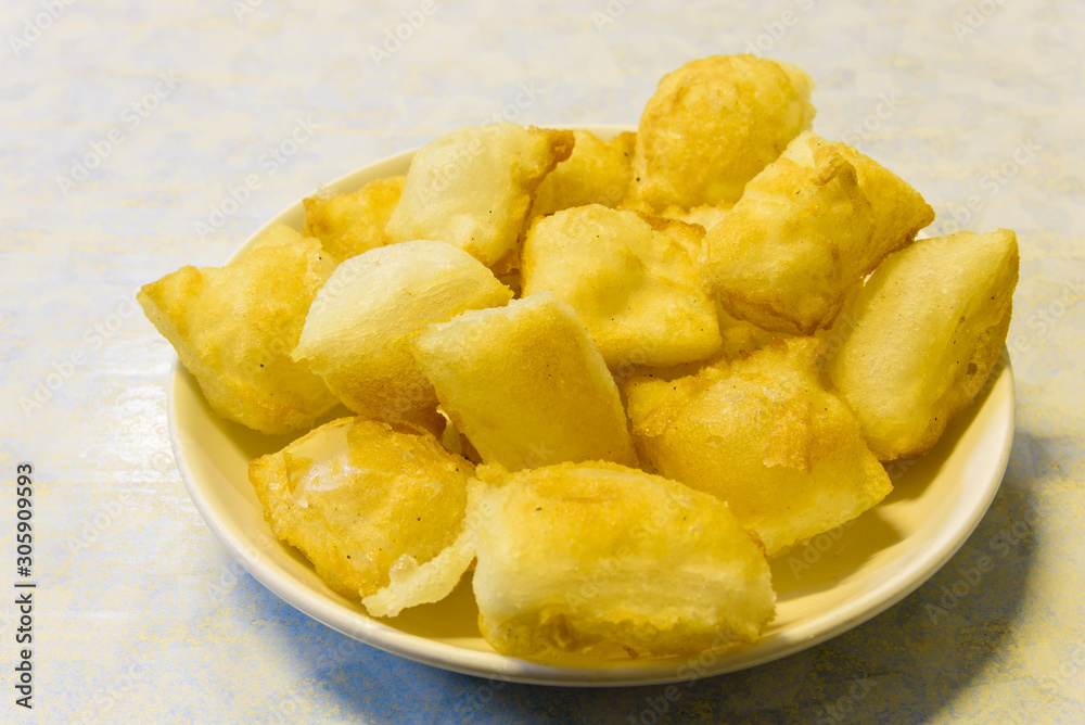 Top view dish of deep fried pillows of rice noodle (Pho chien gion) Top view dish of deep fried pillows of rice noodle (Pho chien gion)