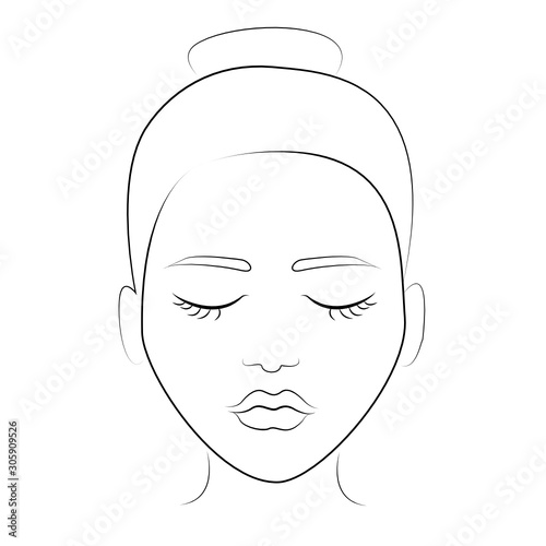 Illustration on a white background outline of the human female face for makeup. Face chart template for make up.How to put on perfect make up. Contouring for face shapes. Line vector illustration.