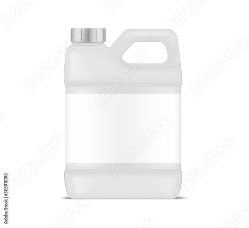 White plastic canister with blank label, vector mockup. Jug container with handle and screw cap, mockup. Large bottle package, template for design