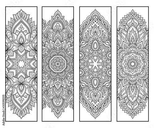 Printable bookmark for book - coloring. Set of black and white labels with flower patterns, hand draw in mehndi style. Sketch of ornaments for creativity of children and adults with colored pencils.