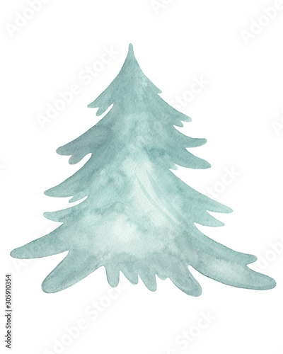 Watercolor christmas light green tree painted by hand isolated on a white background. Vertical raster card template with place for your text.