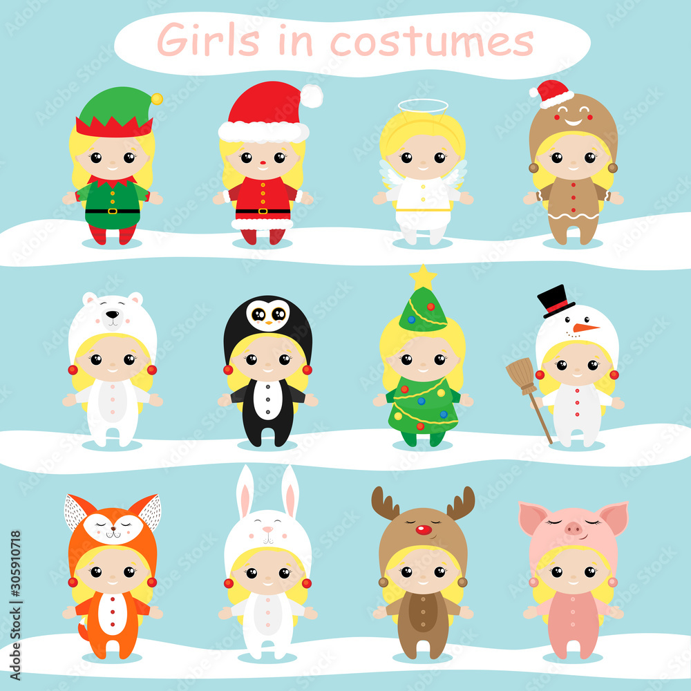 Girl in carnival costume. Cute kids wearing Christmas costumes. Set of Christmas characters. Vector illustration Girl in carnival costume. Cute kids wearing Christmas costumes. Set of Christmas characters. Vector illustration