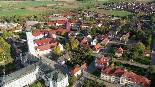 aerial view, Flight at Monastery Church and Ursberg Abbey of the Franciscan St. Joseph's Congregation, Ursberg, Bavaria, Germany photo