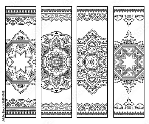 Printable bookmark for book - coloring. Set of black and white labels with flower patterns, hand draw in mehndi style. Sketch of ornaments for creativity of children and adults with colored pencils.