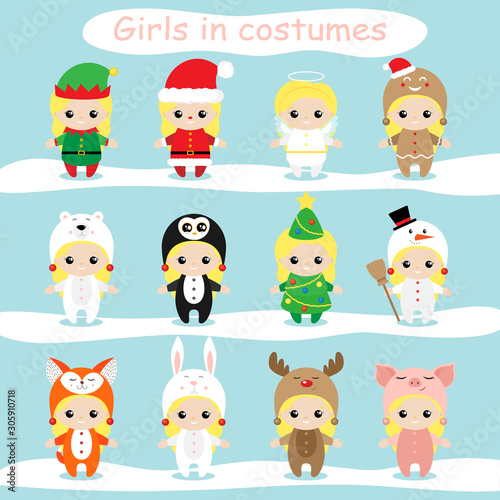 Girl in carnival costume. Cute kids wearing Christmas costumes. Set of Christmas characters. Vector illustration