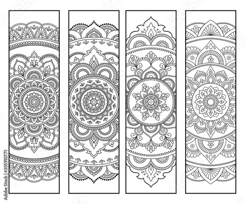Printable bookmark for book - coloring. Set of black and white labels with flower patterns, hand draw in mehndi style. Sketch of ornaments for creativity of children and adults with colored pencils.