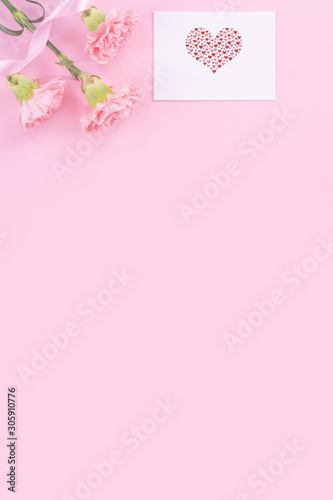Beautiful, fresh elegant carnation flower bouquet with white greeting thanks gift card isolated on bright pink color background, top view, flat lay concept. © RomixImage
