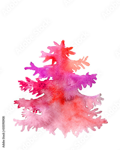 Red pink purple Watercolor christmas tree painted by hand isolated on a white background. Vertical raster postcard template with place for your text.